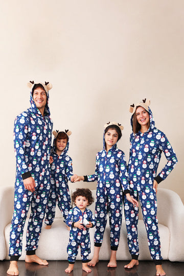 Pijama de una pieza de una pieza de Navidad a juego con estampado de muñeco de nieve azul